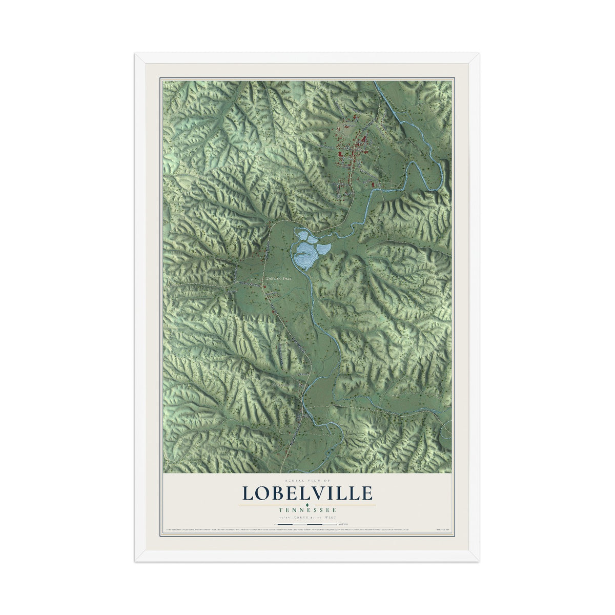 Map of Lobelville, Tennessee, 12 x 18 inch print in a white wood frame