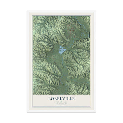 Map of Lobelville, Tennessee, 12 x 18 inch print in a white wood frame
