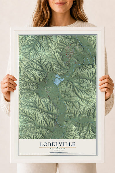 Map of Lobelville, Tennessee, 18 x 24 inch print in a white wood frame