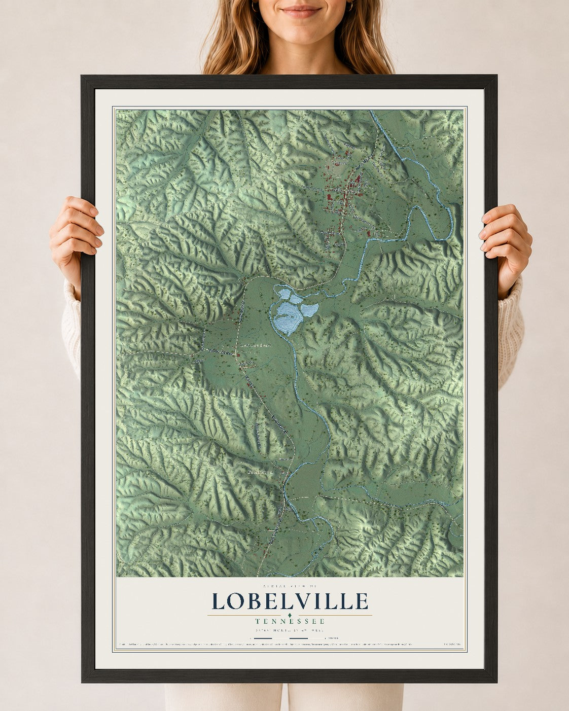 Map of Lobelville, Tennessee, 24 x 36 inch print in a black wood frame