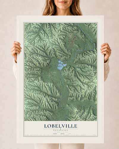 Map of Lobelville, Tennessee, 24 x 36 inch print in a white wood frame