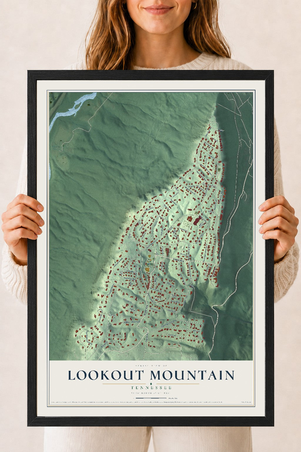 Map of Lookout Mountain, Tennessee, 18 x 24 inch print in a black wood frame