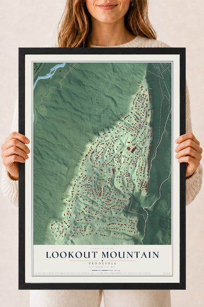Map of Lookout Mountain, Tennessee, 18 x 24 inch print in a black wood frame