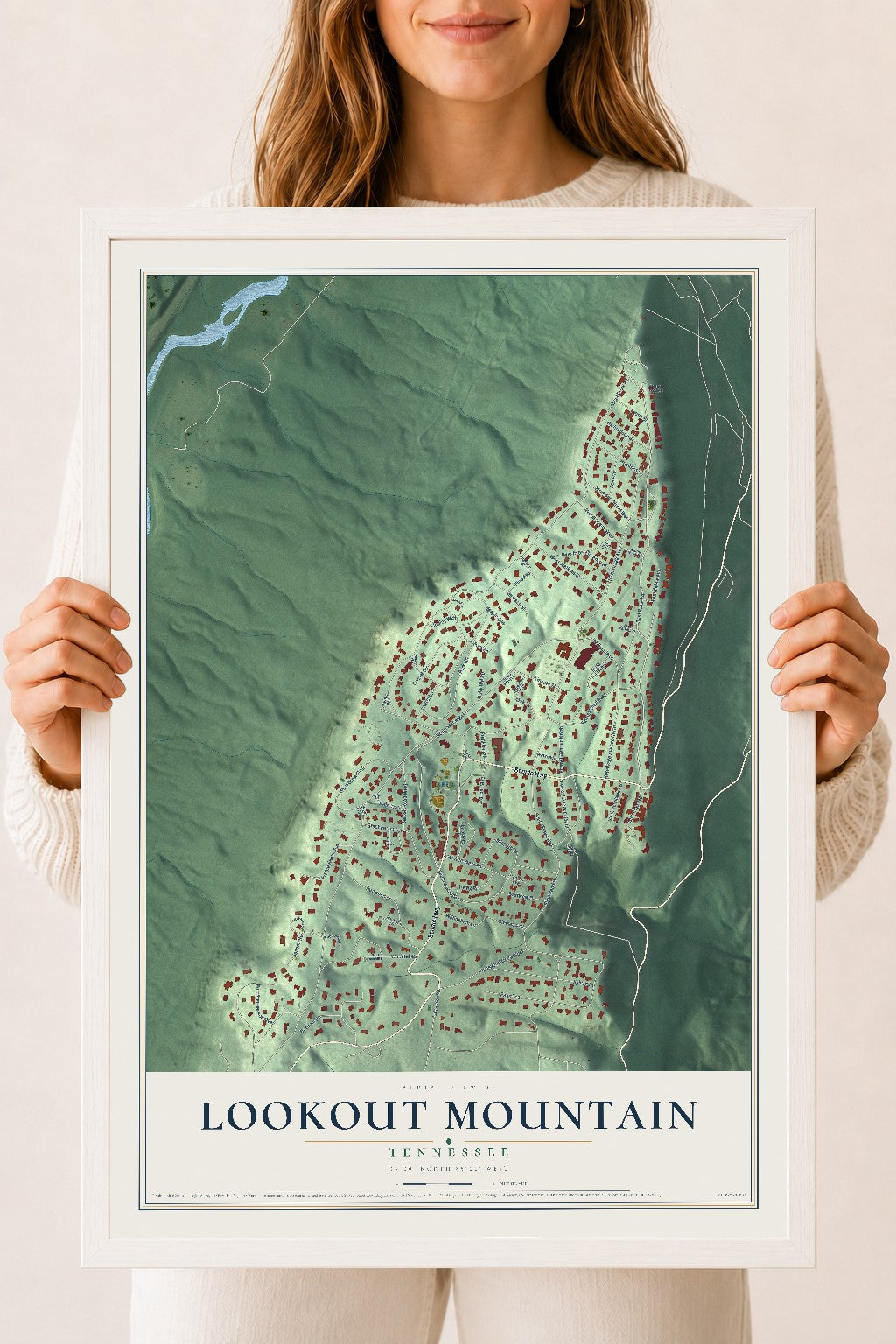 Map of Lookout Mountain, Tennessee, 18 x 24 inch print in a white wood frame