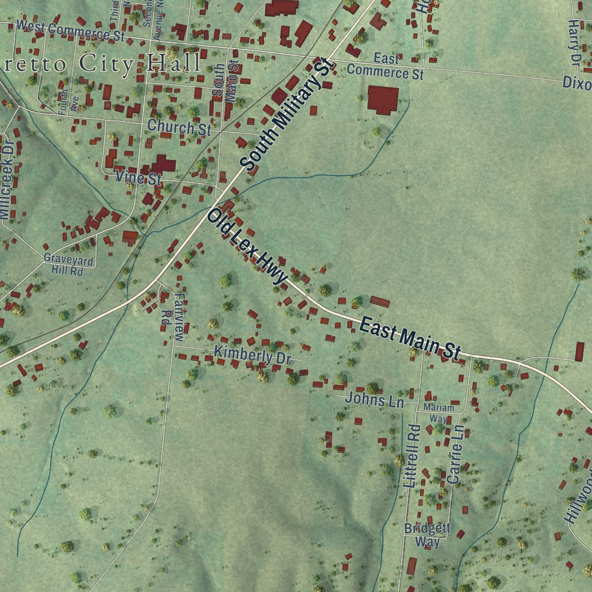 Close-up of the map of Loretto, Tennessee print showing street and building detail