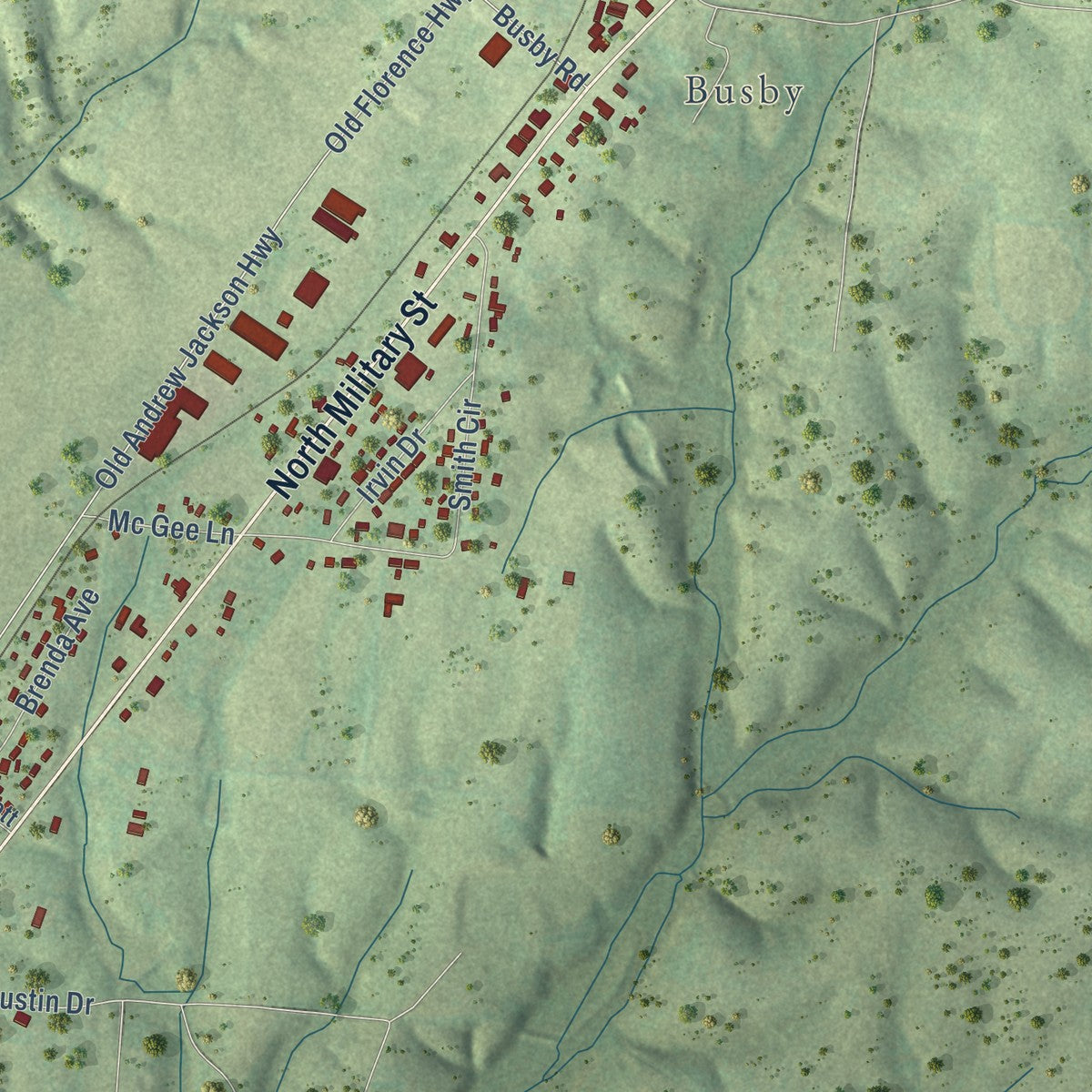 Second close-up of the map of Loretto, Tennessee print showing more streets and buildings