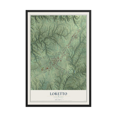 Map of Loretto, Tennessee, 12 x 18 inch print in a black wood frame
