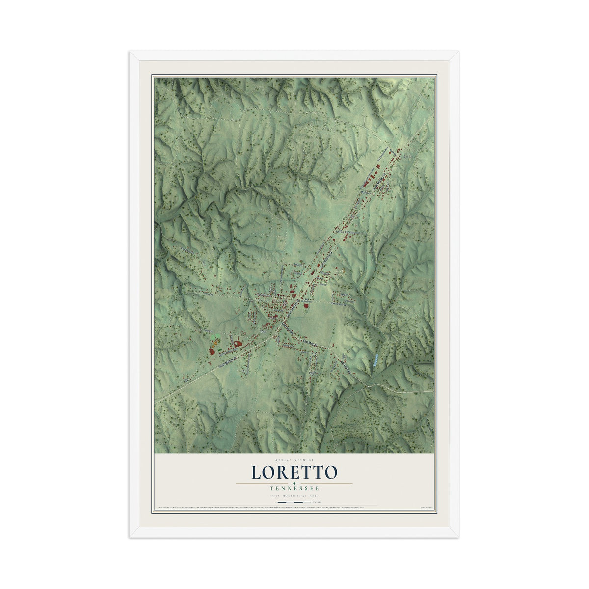 Map of Loretto, Tennessee, 12 x 18 inch print in a white wood frame
