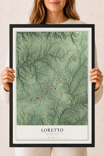 Map of Loretto, Tennessee, 18 x 24 inch print in a black wood frame