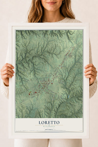 Map of Loretto, Tennessee, 18 x 24 inch print in a white wood frame