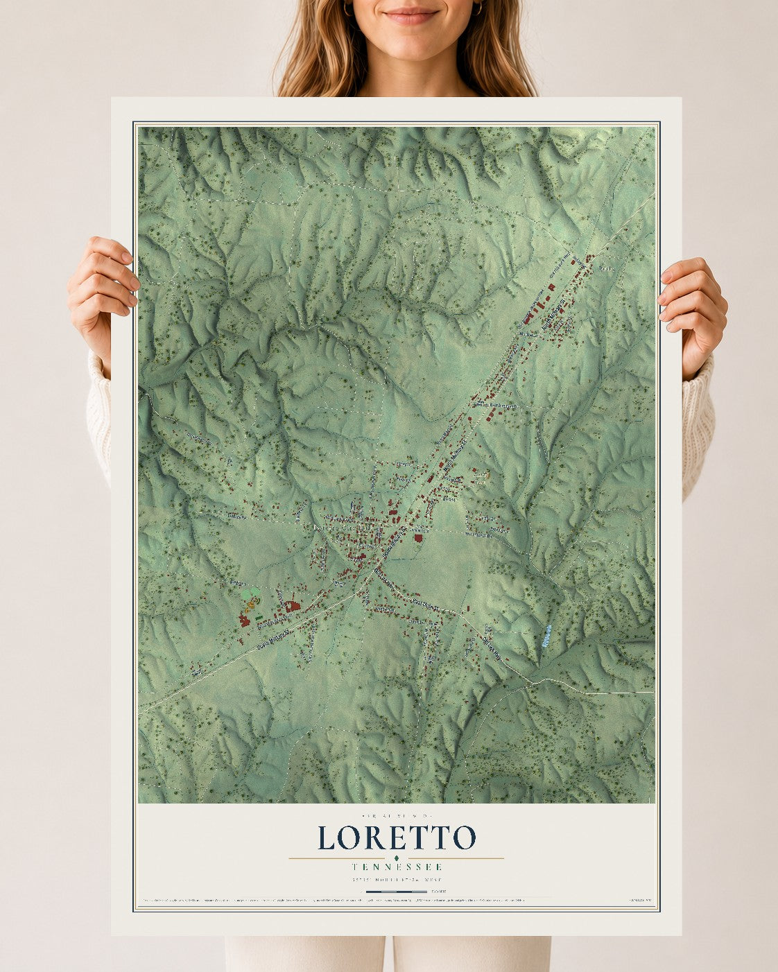 Map of Loretto, Tennessee, 24 x 36 inch unframed archival matte print