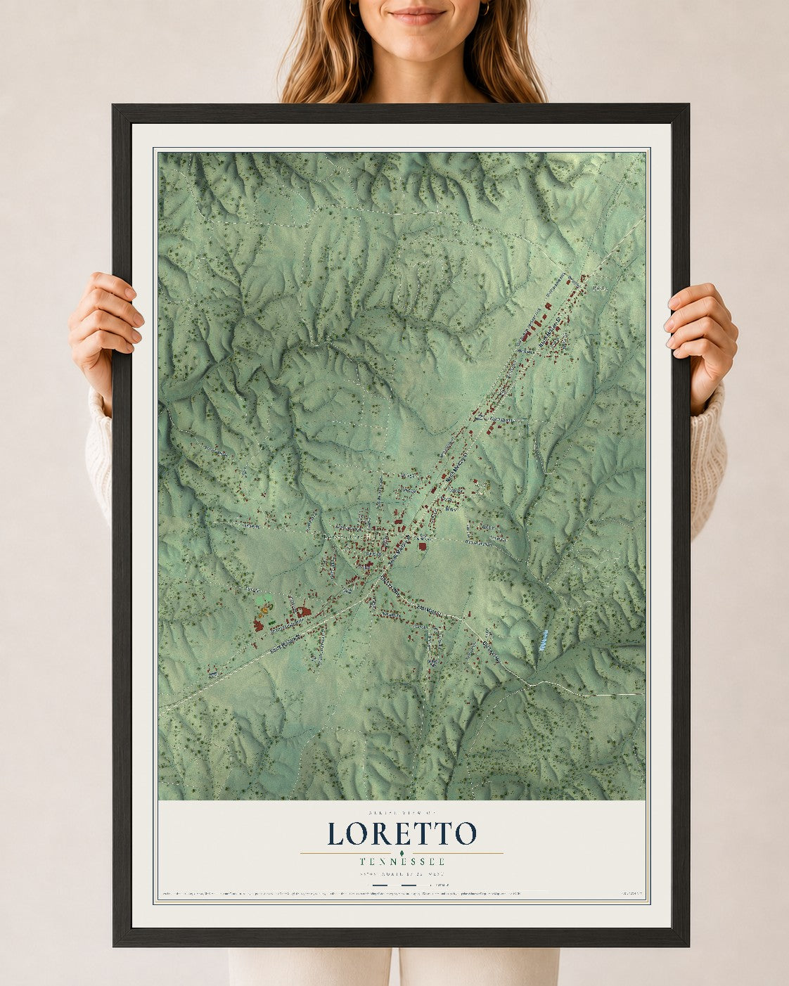 Map of Loretto, Tennessee, 24 x 36 inch print in a black wood frame