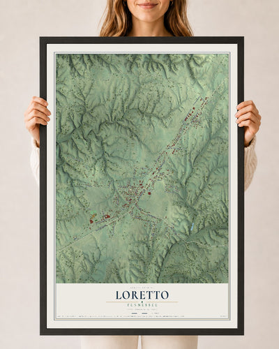Map of Loretto, Tennessee, 24 x 36 inch print in a black wood frame