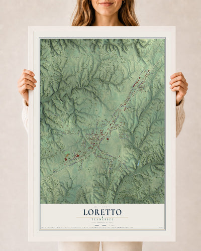 Map of Loretto, Tennessee, 24 x 36 inch print in a white wood frame