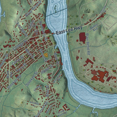 Close-up of the map of Loudon, Tennessee print showing street and building detail