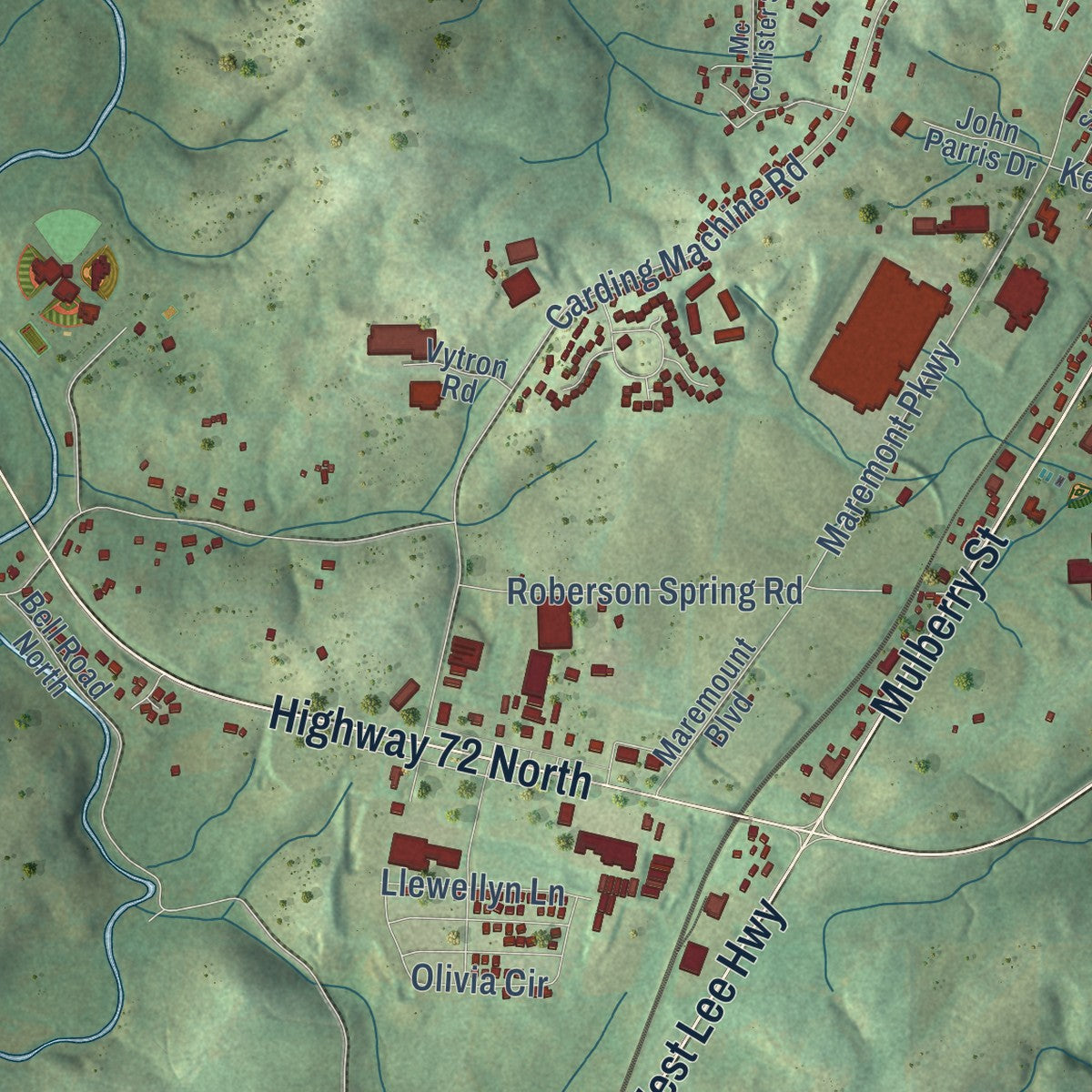 Second close-up of the map of Loudon, Tennessee print showing more streets and buildings