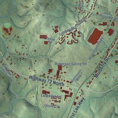 Second close-up of the map of Loudon, Tennessee print showing more streets and buildings