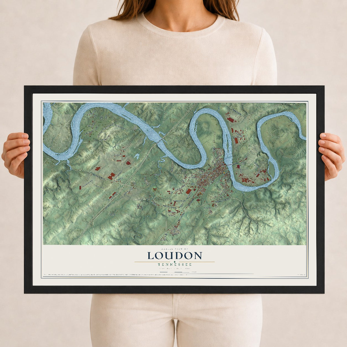 Map of Loudon, Tennessee, 12 x 18 inch print in a black wood frame