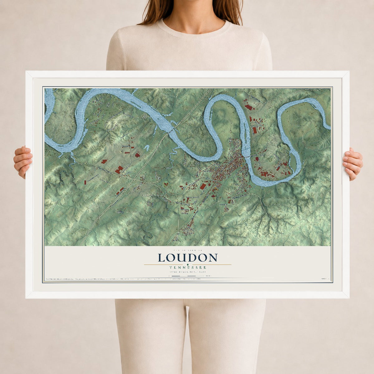 Map of Loudon, Tennessee, 24 x 36 inch print in a white wood frame