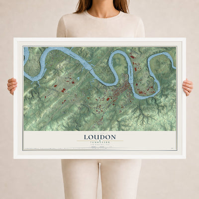 Map of Loudon, Tennessee, 24 x 36 inch print in a white wood frame