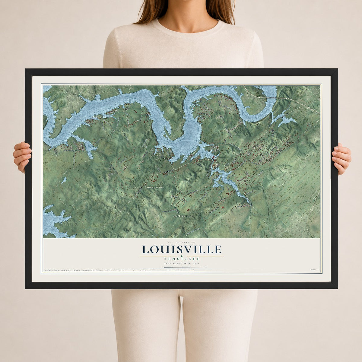 Map of Louisville, Tennessee, 24 x 36 inch print in a black wood frame