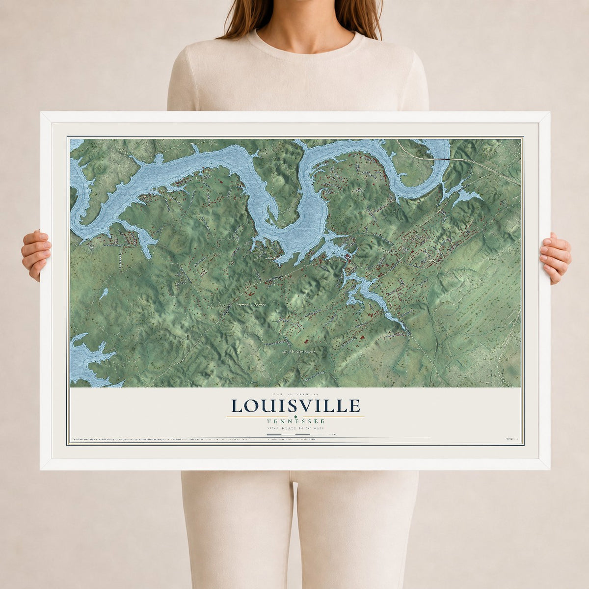 Map of Louisville, Tennessee, 24 x 36 inch print in a white wood frame