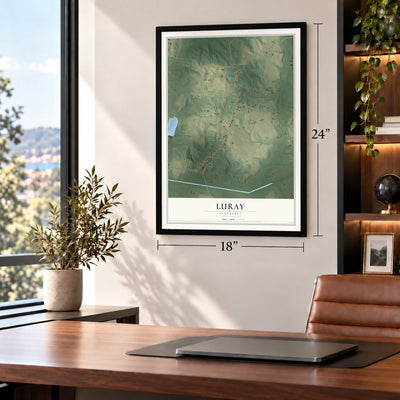 Luray, Tennessee map, 18 x 24 inch print in a black frame in a home office