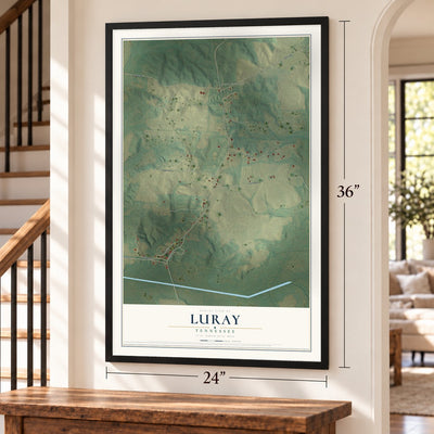 Luray, Tennessee map, 24 x 36 inch print in a black frame by a staircase