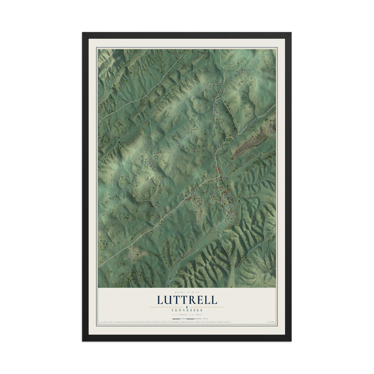 Map of Luttrell, Tennessee, 12 x 18 inch print in a black wood frame