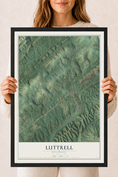 Map of Luttrell, Tennessee, 18 x 24 inch print in a black wood frame