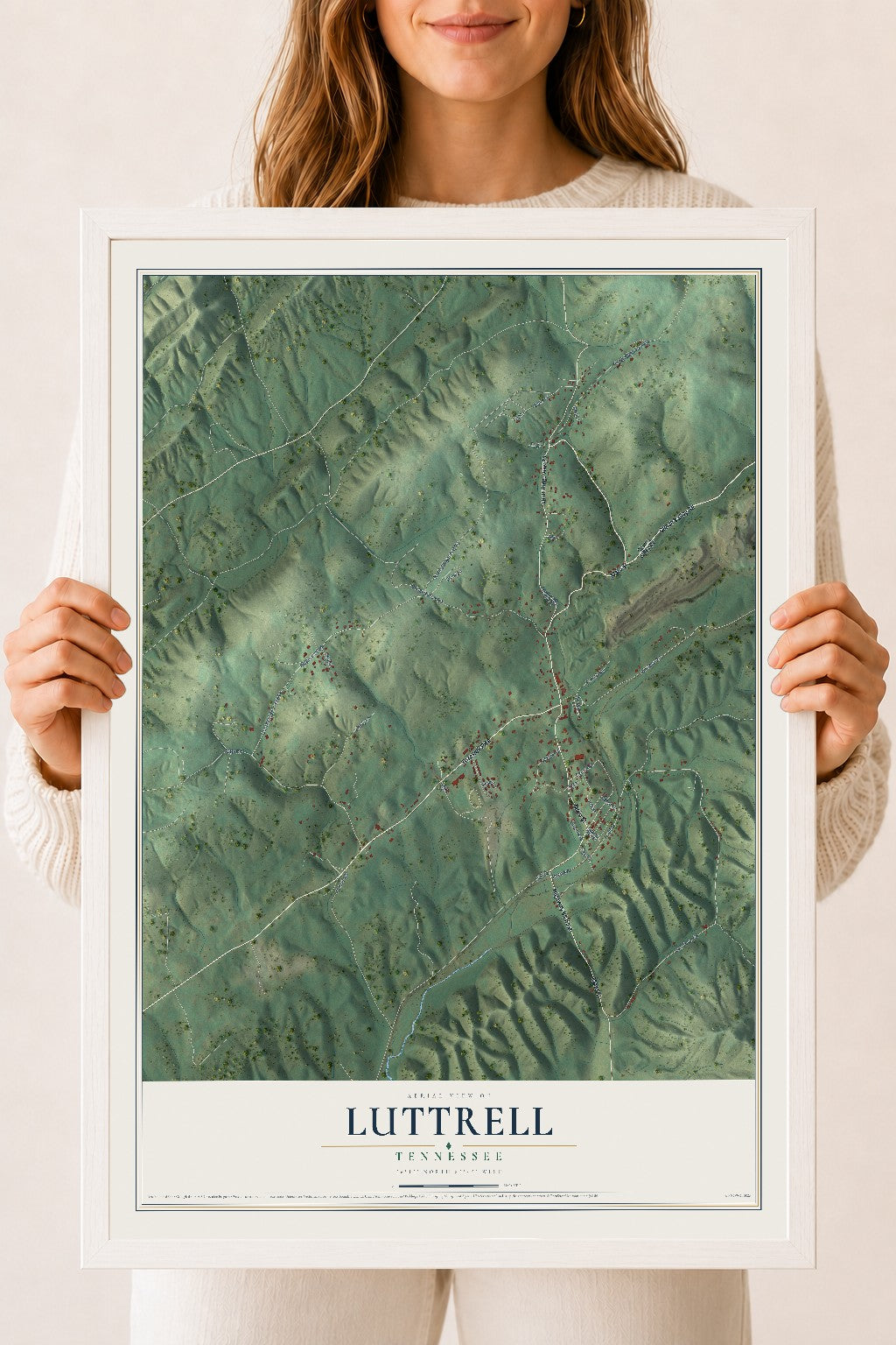 Map of Luttrell, Tennessee, 18 x 24 inch print in a white wood frame