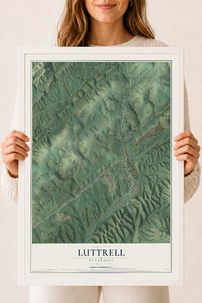 Map of Luttrell, Tennessee, 18 x 24 inch print in a white wood frame