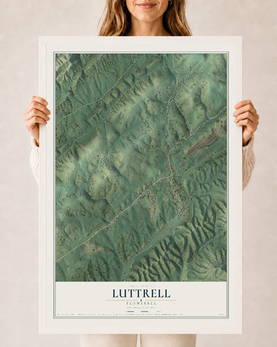Map of Luttrell, Tennessee, 24 x 36 inch print in a white wood frame