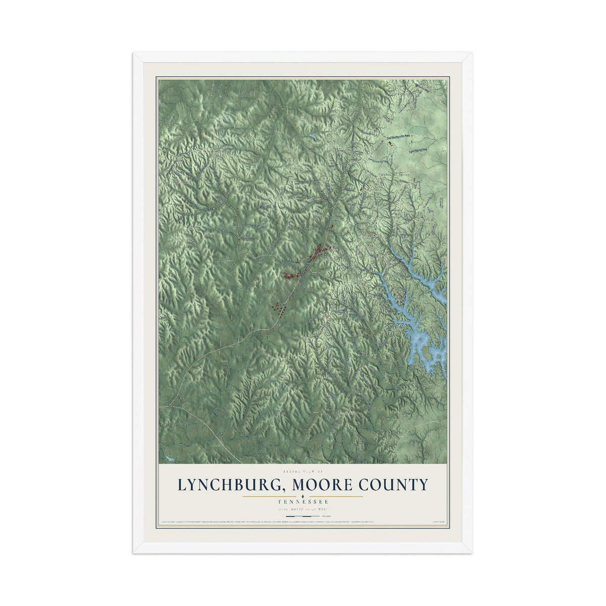 Map of Lynchburg, Moore County, Tennessee, 12 x 18 inch print in a white wood frame