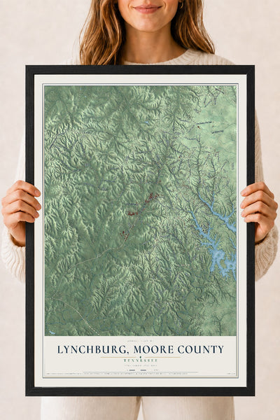 Map of Lynchburg, Moore County, Tennessee, 18 x 24 inch print in a black wood frame
