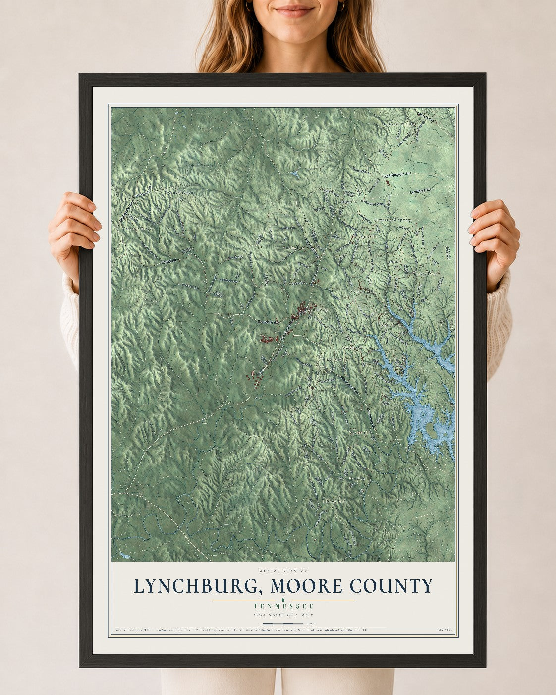 Map of Lynchburg, Moore County, Tennessee, 24 x 36 inch print in a black wood frame