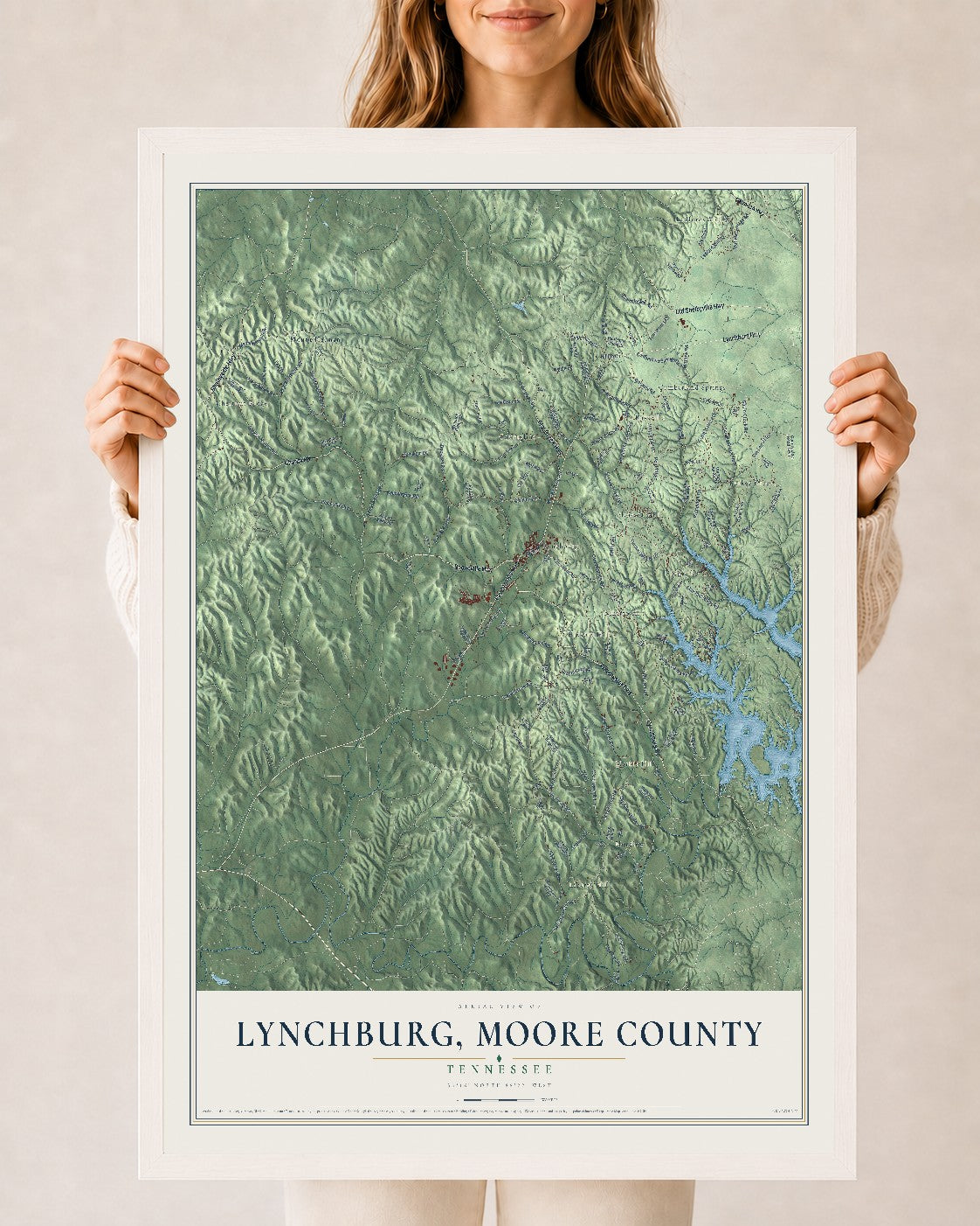 Map of Lynchburg, Moore County, Tennessee, 24 x 36 inch print in a white wood frame