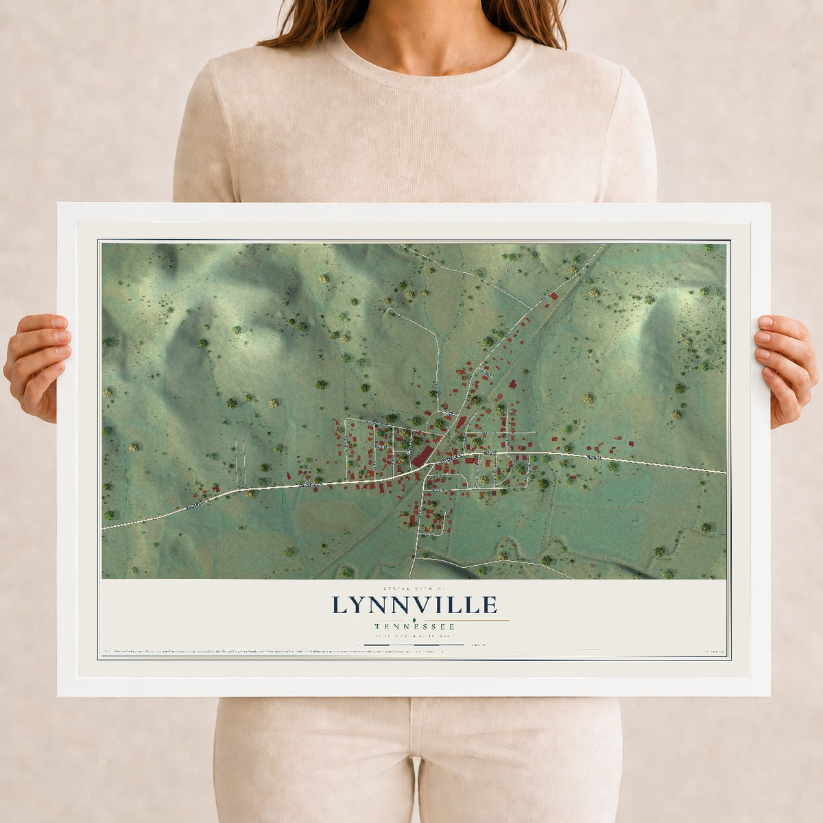 Map of Lynnville, Tennessee, 12 x 18 inch print in a white wood frame