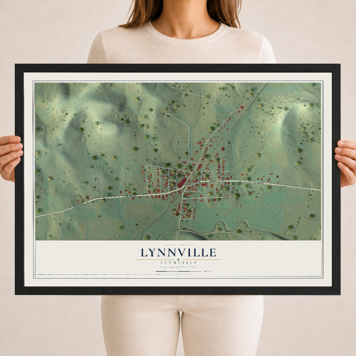 Map of Lynnville, Tennessee, 18 x 24 inch print in a black wood frame