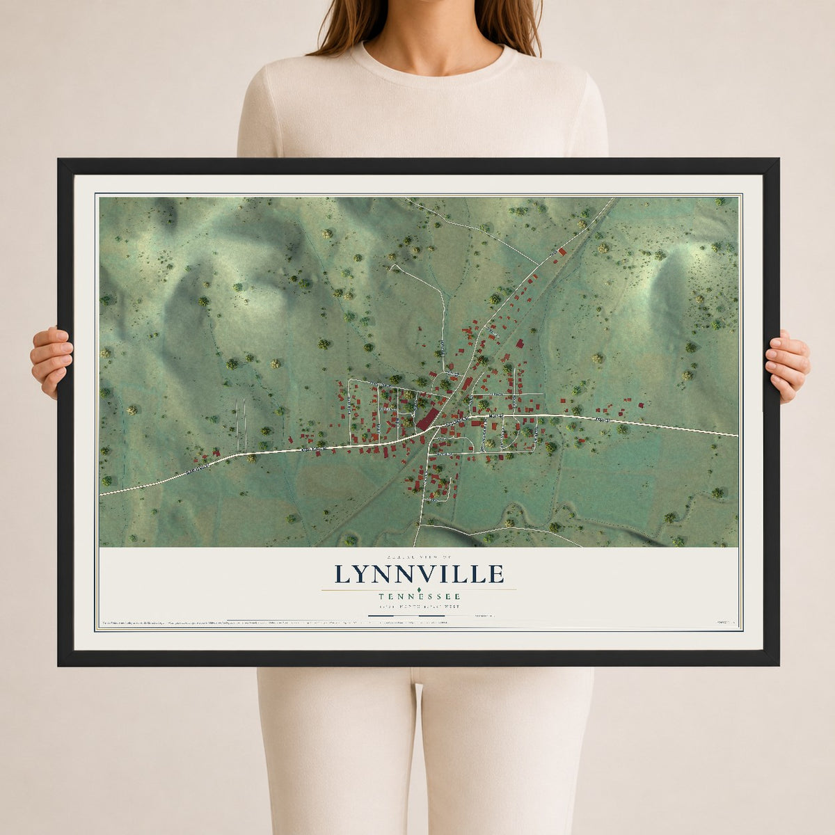 Map of Lynnville, Tennessee, 24 x 36 inch print in a black wood frame
