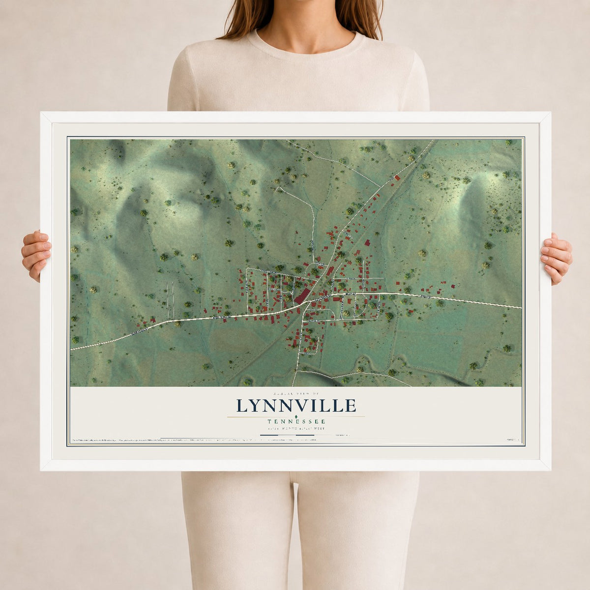 Map of Lynnville, Tennessee, 24 x 36 inch print in a white wood frame