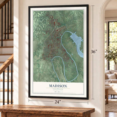 Madison, Tennessee map, 24 x 36 inch print in a black frame by a staircase