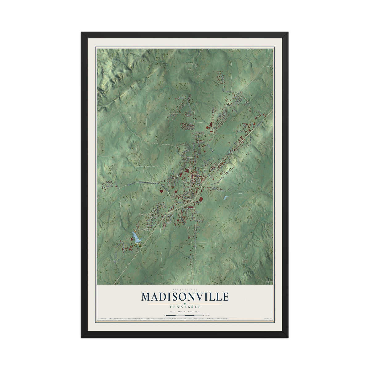 Map of Madisonville, Tennessee, 12 x 18 inch print in a black wood frame
