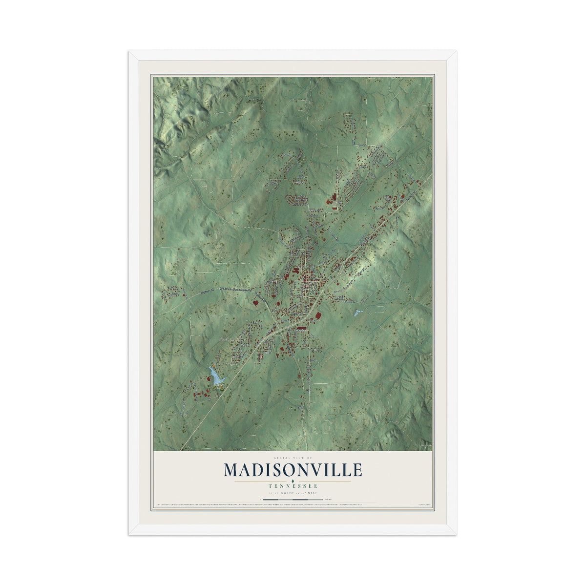 Map of Madisonville, Tennessee, 12 x 18 inch print in a white wood frame