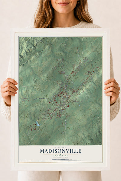 Map of Madisonville, Tennessee, 18 x 24 inch print in a white wood frame