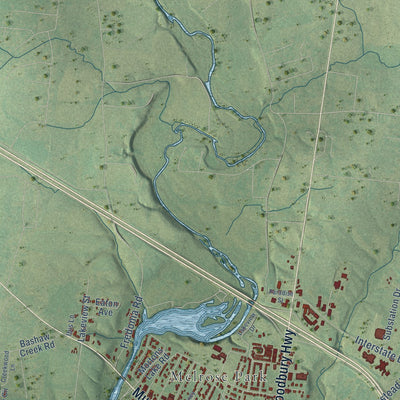 Second close-up of the map of Manchester, Tennessee print showing more streets and buildings