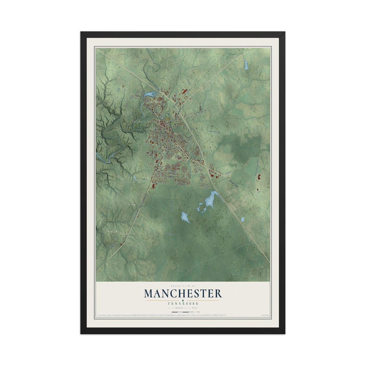Map of Manchester, Tennessee, 12 x 18 inch print in a black wood frame