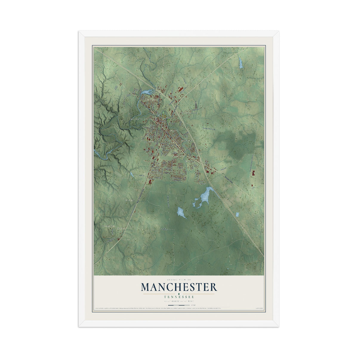 Map of Manchester, Tennessee, 12 x 18 inch print in a white wood frame