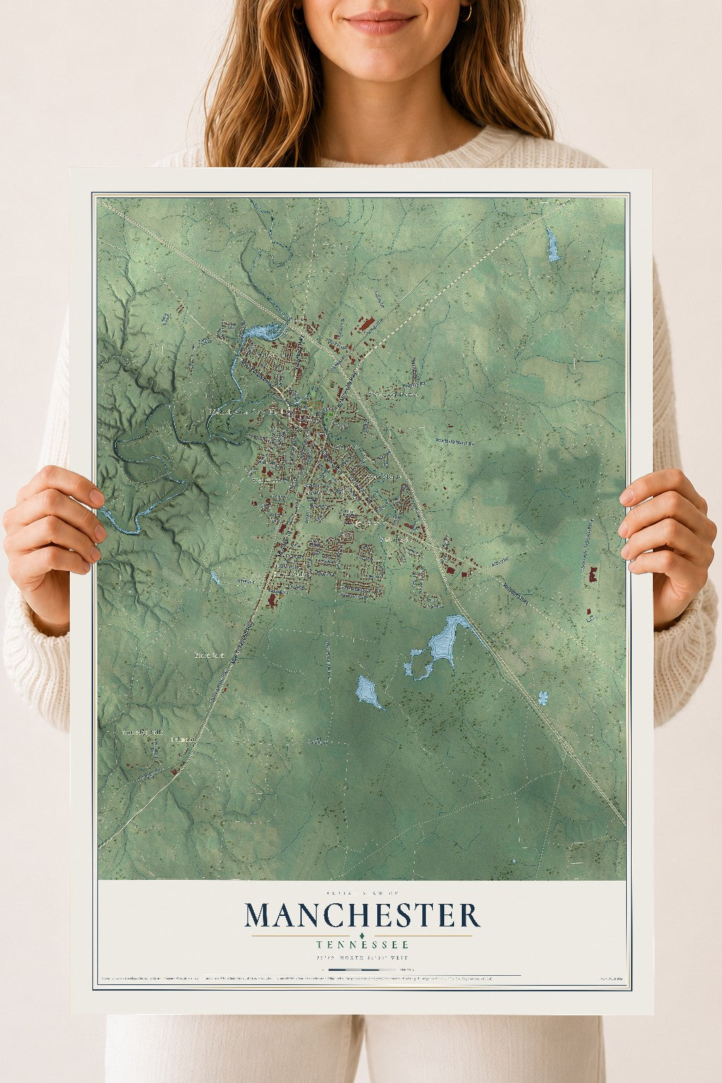 Map of Manchester, Tennessee, 18 x 24 inch unframed archival matte print