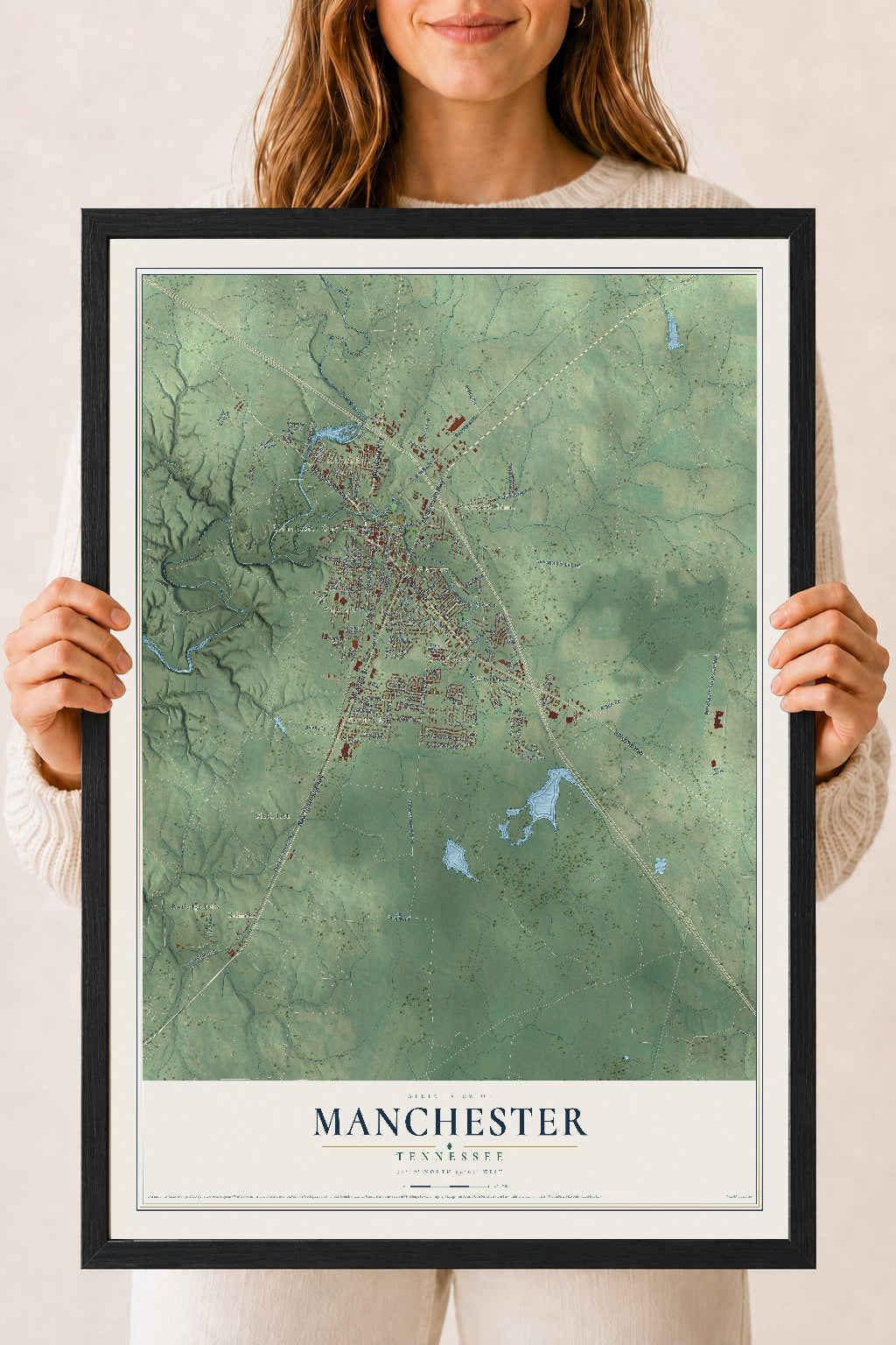 Map of Manchester, Tennessee, 18 x 24 inch print in a black wood frame
